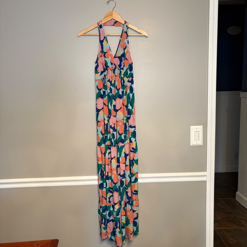 NWT Jessica Simpson Womens Small Floral Maxi Dress Tiered Smocked Halter